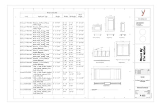 3' - 9 3/4"
2'-1115/16"
6'-113/16"
3' - 9 3/4"
1' - 4"
4'-0"
6'-113/16"
6' - 9 3/16"
1' - 11 5/8"
3' - 11 1/4"
7' - 10 1/2"
2'-117/16"
5'-6"
13' - 6"
Bathroom Window Single Window Fixed Window
Multi-Panel Awning Double Window
Sliding Partition
www.yjDesign.com
Scale
Project number
Date
Drawn by
Checked by
Consultant : HGD Structural.INC
Address : 520 West Bay Street
Address : Savannah, GA 31401
Phone :912 394 3043
Fax : 912 394 7865
e-mail : hgd@structure.com
HW#2B House By the Water 10/06/2015
Final House By the Water
HW#5 House By the Water
HW#4 House By the Water
HW#3 House By the Water
HouseBy
TheWaters
1/2" = 1'-0"
11/19/20152:03:45AM
A 603
Window Schedule
HW#2B
ELDS225 -Ng Yi Jie - Fall2015-
Prof Wacta
SCAD
06 October, 2015
Author
Checker
No. Description Date
Window Schedule
Level Family and Type Height Width Sill Height
Head
Height
01-Level 1 POCHE Window_12376: (0.90m x
1.80m) Single
5' - 10 7/8" 2' - 11
7/16"
1' - 11
5/8"
7' - 10 1/2"
01-Level 1 POCHE Window_12376: (0.90m x
1.80m) Single
5' - 10 7/8" 2' - 11
7/16"
1' - 11
5/8"
7' - 10 1/2"
01-Level 1 POCHE Multi-Panel_Awning_1958:
Multi-Panel_Awning_1958
2' - 11 7/16" 7' - 10
1/2"
2' - 11
7/16"
5' - 10 7/8"
01-Level 1 POCHE Multi-Panel_Awning_1958:
Multi-Panel_Awning_1958
2' - 11 7/16" 7' - 10
1/2"
2' - 11
7/16"
5' - 10 7/8"
02-Level 2 POCHE Multi-Panel_Awning_1958:
Multi-Panel_Awning_1958
2' - 11 7/16" 7' - 10
1/2"
2' - 11
7/16"
5' - 10 7/8"
02-Level 2 POCHE Multi-Panel_Awning_1958:
Multi-Panel_Awning_1958
2' - 11 7/16" 7' - 10
1/2"
2' - 11
7/16"
5' - 10 7/8"
01-Level 1 POCHE Window_12376: (0.90m x
0.60m) Bathroom
1' - 11 5/8" 2' - 11
7/16"
4' - 11
1/16"
6' - 10
11/16"
01-Level 1 POCHE Window_12376: (0.90m x
0.60m) Bathroom
1' - 11 5/8" 2' - 11
7/16"
4' - 11
1/16"
6' - 10
11/16"
01-Level 1 POCHE Multi-Panel_Awning_1958:
Multi-Panel_Awning_1958
2' - 11 7/16" 7' - 10
1/2"
4' - 0
23/32"
7' - 0 5/32"
01-Level 1 POCHE Window_12376: (0.90m x
0.60m) Bathroom
1' - 11 5/8" 2' - 11
7/16"
4' - 5
23/32"
6' - 5
11/32"
01-Level 1 POCHE Window_12376: (0.90m x
0.60m) Bathroom
1' - 11 5/8" 2' - 11
7/16"
4' - 11
1/16"
6' - 10
11/16"
4-Level 4 POCHE 1200_x_1800_Arched_window
_with_Sunray_transum_2269:
Arch-1800x1200
3' - 11 1/4" 5' - 10
7/8"
0' - 4
25/32"
4' - 4 1/32"
4-Level 4 POCHE 1200_x_1800_Arched_window
_with_Sunray_transum_2269:
Arch-1800x1200
3' - 11 1/4" 5' - 10
7/8"
0' - 2
11/32"
4' - 1
19/32"
4-Level 4 POCHE 1200_x_1800_Arched_window
_with_Sunray_transum_2269:
Arch-1800x1200
3' - 11 1/4" 5' - 10
7/8"
0' - 4
25/32"
4' - 4 1/32"
4-Level 4 POCHE 1200_x_1800_Arched_window
_with_Sunray_transum_2269:
Arch-1800x1200
3' - 11 1/4" 5' - 10
7/8"
0' - 7
3/16"
4' - 6 7/16"
4-Level 4 POCHE 1200_x_1800_Arched_window
_with_Sunray_transum_2269:
Arch-1800x1200
3' - 11 1/4" 5' - 10
7/8"
0' - 4
25/32"
4' - 4 1/32" 1/2" = 1'-0"
Window shedule
1 2 3 4 5 6
D
E
C
B
A
1 2 3 4 5 6
D
E
C
B
A
1 2 3 4 5 6
 