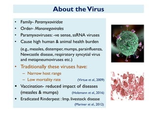 About theVirus
• Family- Paramyxoviridae
• Order- Mononegavirales
• Paramyxoviruses: -ve sense, ssRNA viruses
• Cause high human & animal health burden
(e.g., measles, distemper, mumps, parainfluenza,
Newcastle disease, respiratory syncytial virus
and metapneumoviruses etc.)
• Traditionally these viruses have:
– Narrow host range
– Low mortality rate (Virtue et al., 2009)
 Vaccination- reduced impact of diseases
(measles & mumps) (Holzmann et al., 2016)
 Eradicated Rinderpest : Imp. livestock disease
(Mariner et al., 2012)
 