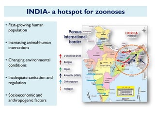 INDIA- a hotspot for zoonoses
• Fast-growing human
population
• Increasing animal-human
interactions
• Changing environmental
conditions
• Inadequate sanitation and
regulation
• Socioeconomic and
anthropogenic factors
 