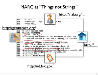 MARC as “Things not Strings”
                                         http://viaf.org/ ...


http://geonames.org/ ...



                                                           http:// ...




                http://id.loc.gov/ ...
                                                                    21
 