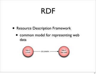 RDF

• Resource Description Framework
 • common model for representing web
    data

       http://                 http://
        URI      dc:creator
                    URI         URI
       z.com                  me.com




                                         47
 