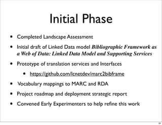 Initial Phase
•   Completed Landscape Assessment

•   Initial draft of Linked Data model Bibliographic Framework as
    a Web of Data: Linked Data Model and Supporting Services

•   Prototype of translation services and Interfaces
      •   https://github.com/lcnetdev/marc2bibframe
•   Vocabulary mappings to MARC and RDA
•   Project roadmap and deployment strategic report
•   Convened Early Experimenters to help reﬁne this work


                                                                    64
 