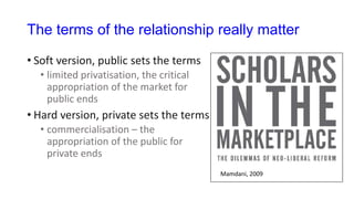 The terms of the relationship really matter
• Soft version, public sets the terms
• limited privatisation, the critical
appropriation of the market for
public ends
• Hard version, private sets the terms
• commercialisation – the
appropriation of the public for
private ends
Mamdani, 2009
 