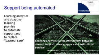 Support being automated
Learning analytics
and adaptive
learning
promise
to automate
support and
to replace
“pastoral care”
 