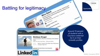 Battling for legitimacy
Around 70 percent
of students with a
Coursera credential
list it on their
LinkedIn profiles
Koller, Cousera 2014
 