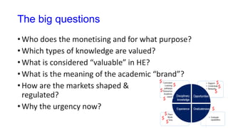 The big questions
• Who does the monetising and for what purpose?
• Which types of knowledge are valued?
• What is considered “valuable” in HE?
• What is the meaning of the academic “brand”?
• How are the markets shaped &
regulated?
• Why the urgency now?
 