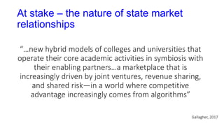 At stake – the nature of state market
relationships
“…new hybrid models of colleges and universities that
operate their core academic activities in symbiosis with
their enabling partners…a marketplace that is
increasingly driven by joint ventures, revenue sharing,
and shared risk—in a world where competitive
advantage increasingly comes from algorithms”
Gallagher, 2017
 