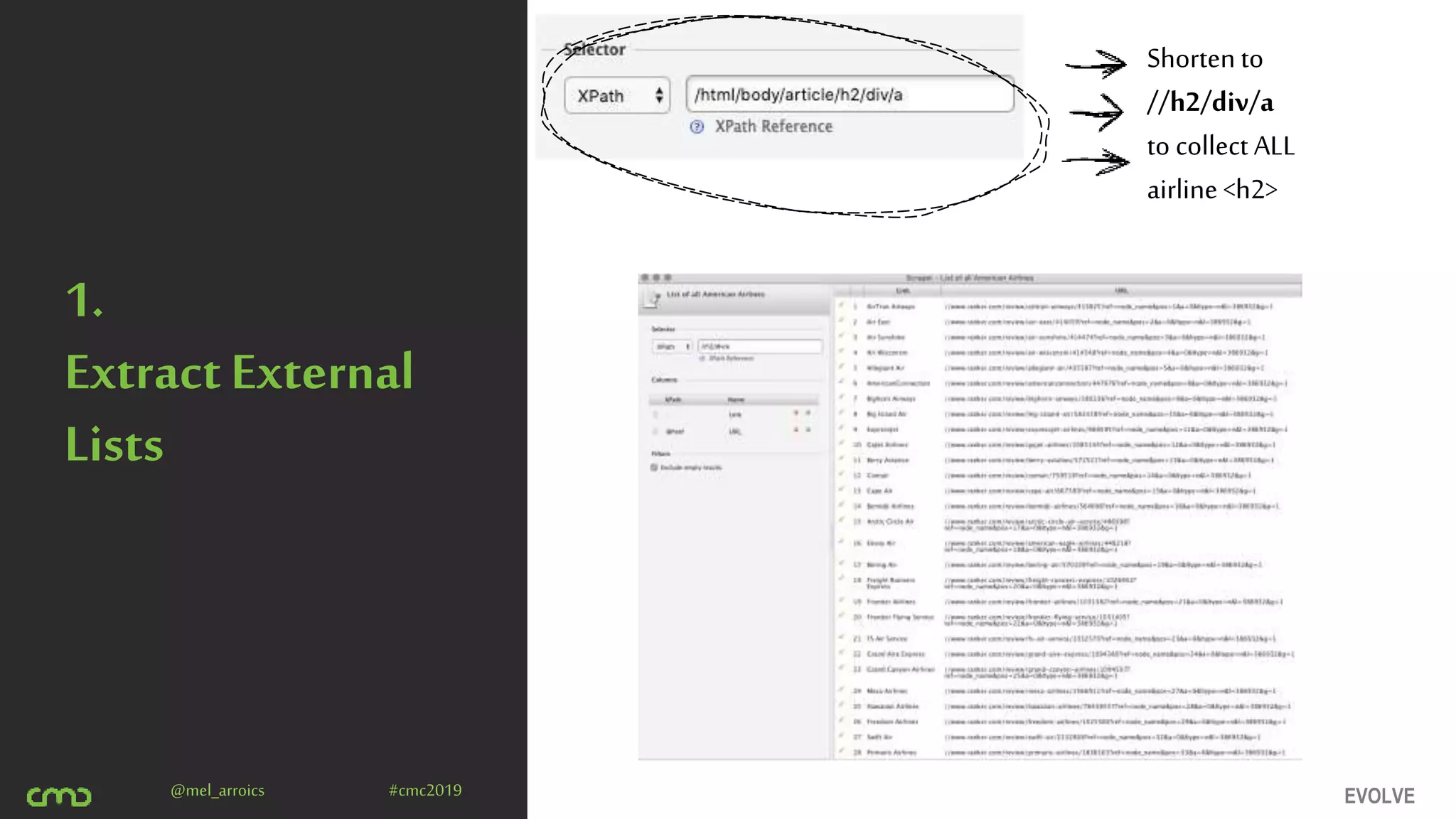 EVOLVE@mel_arroics #cmc2019
1.
ExtractExternal
Lists
Shorten to
//h2/div/a
to collect ALL
airline <h2>
 