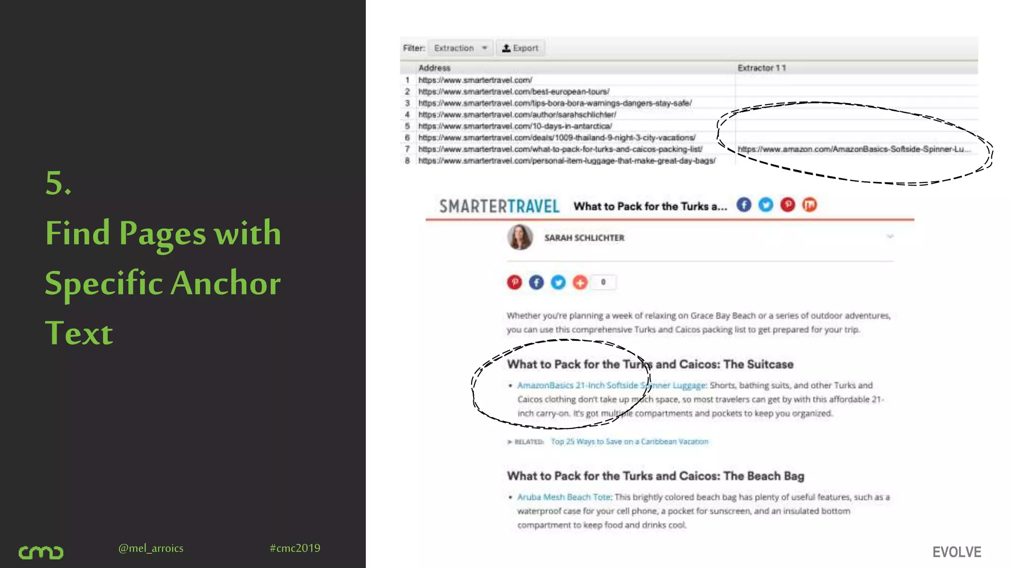 EVOLVE@mel_arroics #cmc2019
5.
Find Pages with
Specific Anchor
Text
 