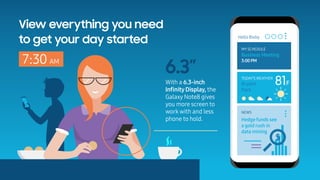 With a 6.3-inch
InﬁnityDisplay, the
Galaxy Note8 gives
you more screen to
work with and less
phone to hold.
6.3”
Hello Bix...