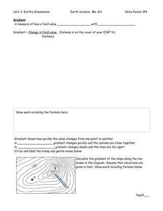 Unit 3: Earth’s Dimensions               Earth Science- Ms. Gill                Note Packet #4

Gradient
-A measure of how a field value __________________ with ____________________.

Gradient = Change in field value (formula is on the cover of your ESRT)
                     Distance




 Show work including the formula here:




-Gradient shows how quickly the value changes from one point to another.
-A ___________________ gradient changes quickly and the isolines are close together.
-A ____________________ gradient changes slowly and the lines are far apart
-Circle and label the steep and gentle areas below:

                                            Calculate the gradient of the slope along the line
                                            drawn in the diagram. Assume that elevations are
                                            given in feet. Show work including formula below:




                                                                                        Page#___
 