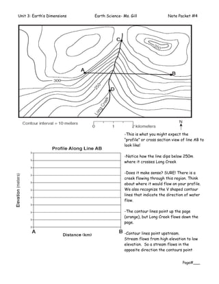 Unit 3: Earth’s Dimensions   Earth Science- Ms. Gill                 Note Packet #4




                                             -This is what you might expect the
                                             “profile” or cross section view of line AB to
                                             look like!

                                             -Notice how the line dips below 250m
                                             where it crosses Long Creek

                                             -Does it make sense? SURE! There is a
                                             creek flowing through this region. Think
                                             about where it would flow on your profile.
                                             We also recognize the V shaped contour
                                             lines that indicate the direction of water
                                             flow.

                                             -The contour lines point up the page
                                             (orange), but Long Creek flows down the
                                             page.

                                             -Contour lines point upstream.
                                             Stream flows from high elevation to low
                                             elevation. So a stream flows in the
                                             opposite direction the contours point


                                                                             Page#___
 