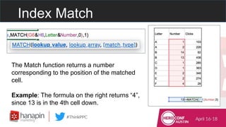 Index Match
The Match function returns a number
corresponding to the position of the matched
cell.
Example: The formula on...