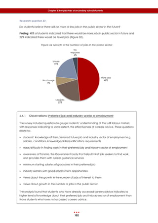 102
Chapter 6: Perspectives of secondary school students
Research question 27:
Do students believe there will be more or less jobs in the public sector in the future?
Finding: 48% of students indicated that there would be more jobs in public sector in future and
22% indicated there would be fewer jobs (‎Figure 32).
Figure 32 Growth in the number of jobs in the public sector
6.4.1 Observations: Preferred job and industry sector of employment
The survey included questions to gauge students’ understanding of the UAE labour market,
with responses indicating to some extent, the effectiveness of careers advice. These questions
relate to:
 students’ knowledge of their preferred future job and industry sector of employment e.g.
salaries, conditions, knowledge/skills/qualifications requirements
 ease/difficulty in finding work in their preferred job and industry sector of employment
 awareness of Tanmia, the Government body that helps Emirati job seekers to find work
and provides them with career guidance services
 minimum starting salaries of graduates in their preferred job
 industry sectors with good employment opportunities
 views about the growth in the number of jobs of interest to them
 views about growth in the number of jobs in the public sector.
The analysis found that students who have already accessed careers advice indicated a
higher level of knowledge about their preferred job and industry sector of employment than
those students who have not accessed careers advice.
More jobs
48%
Less jobs
22%
No change
7%
Unsure
19%
No
response
4%
 