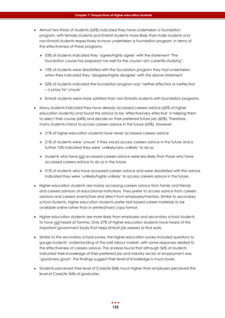 133
Chapter 7: Perspectives of higher education students
 Almost two-thirds of students (66%) indicated they have undertaken a foundation
program, with female students and Emirati students more likely than male students and
non-Emirati students respectively to have undertaken a foundation program. In terms of
the effectiveness of these programs:
 53% of students indicated they ‘agree/highly agree’ with the statement “The
foundation course has prepared me well for the course I am currently studying”.
 15% of students were dissatisfied with the foundation program they had undertaken,
when they indicated they ‘disagree/highly disagree’ with the above statement
 32% of students indicated the foundation program was ‘neither effective or ineffective’
– a proxy for ‘unsure’
 Emirati students were more satisfied than non-Emiratis students with foundation programs.
 Many students indicated they have already accessed careers advice (60% of higher
education students) and found this advice to be ‘effective/very effective’ in helping them
to select their course (64%) and decide on their preferred future job (60%). Therefore,
many students intend to access careers advice in the future (65%). However:
 31% of higher education students have never accessed careers advice
 21% of students were ‘unsure’ if they would access careers advice in the future and a
further 10% indicated they were ‘unlikely/very unlikely’ to do so
 students who have not accessed careers advice were less likely than those who have
accessed careers advice to do so in the future
 51% of students who have accessed careers advice and were dissatisfied with this advice
indicated they were ‘unlikely/highly unlikely’ to access careers advice in the future.
 Higher education students are mainly accessing careers advice from family and friends
and careers advisors at educational institutions. They prefer to access advice from careers
advisors and careers events/fairs and direct from employers/mentors. Similar to secondary
school students, higher education students prefer text-based career materials to be
available online rather than in printed/hard copy format.
 Higher education students are more likely than employers and secondary school students
to have not heard of Tanmia. Only 27% of higher education students have heard of this
important government body that helps Emirati job seekers to find work.
 Similar to the secondary school survey, the higher education survey included questions to
gauge students’ understanding of the UAE labour market, with some responses related to
the effectiveness of careers advice. The analysis found that although 56% of students
indicated their knowledge of their preferred job and industry sector of employment was
‘good/very good’, the findings suggest their level of knowledge is much lower.
 Students perceived their level of CoreLife Skills much higher than employers perceived the
level of CoreLife Skills of graduates.
 