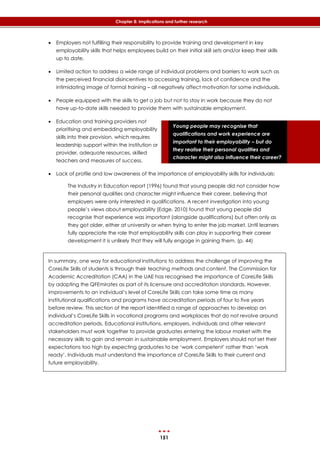 151
Chapter 8: Implications and further research
Young people may recognise that
qualifications and work experience are
important to their employability – but do
they realise their personal qualities and
character might also influence their career?
 Employers not fulfilling their responsibility to provide training and development in key
employability skills that helps employees build on their initial skill sets and/or keep their skills
up to date.
 Limited action to address a wide range of individual problems and barriers to work such as
the perceived financial disincentives to accessing training, lack of confidence and the
intimidating image of formal training – all negatively affect motivation for some individuals.
 People equipped with the skills to get a job but not to stay in work because they do not
have up-to-date skills needed to provide them with sustainable employment.
 Education and training providers not
prioritising and embedding employability
skills into their provision, which requires
leadership support within the institution or
provider, adequate resources, skilled
teachers and measures of success.
 Lack of profile and low awareness of the importance of employability skills for individuals:
The Industry in Education report (1996) found that young people did not consider how
their personal qualities and character might influence their career, believing that
employers were only interested in qualifications. A recent investigation into young
people’s views about employability (Edge, 2010) found that young people did
recognise that experience was important (alongside qualifications) but often only as
they got older, either at university or when trying to enter the job market. Until learners
fully appreciate the role that employability skills can play in supporting their career
development it is unlikely that they will fully engage in gaining them. (p. 44)
In summary, one way for educational institutions to address the challenge of improving the
CoreLife Skills of students is through their teaching methods and content. The Commission for
Academic Accreditation (CAA) in the UAE has recognised the importance of CoreLife Skills
by adopting the QFEmirates as part of its licensure and accreditation standards. However,
improvements to an individual’s level of CoreLife Skills can take some time as many
institutional qualifications and programs have accreditation periods of four to five years
before review. This section of the report identified a range of approaches to develop an
individual’s CoreLife Skills in vocational programs and workplaces that do not revolve around
accreditation periods. Educational institutions, employers, individuals and other relevant
stakeholders must work together to provide graduates entering the labour market with the
necessary skills to gain and remain in sustainable employment. Employers should not set their
expectations too high by expecting graduates to be ‘work competent’ rather than ‘work
ready’. Individuals must understand the importance of CoreLife Skills to their current and
future employability.
 