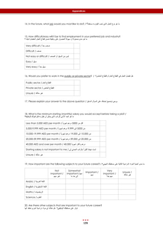179
Appendices
14. In the future, what job would you most like to do? / ‫؟‬ً‫ال‬‫مستقب‬ ‫به‬ ‫القيام‬ ‫تحب‬ ‫الذي‬ ‫العمل‬ ‫نوع‬ ‫هو‬ ‫ما‬
15. How difficult/easy will it be to find employment in your preferred job and industry?
‫؟‬ ‫لديك‬ ‫المفضل‬ ‫العمل‬ ‫قطاع‬ ‫ضمن‬ ‫وظيفة‬ ‫على‬ ‫الحصول‬ ‫سهولة‬ ‫أو‬ ‫صعوبة‬ ‫مدى‬ ‫هو‬ ‫ما‬
Very difficult / ً‫ا‬‫جد‬ ‫صعب‬
Difficult / ‫صعب‬
Not easy or difficult / ‫الصعب‬ ‫أو‬ ‫السهل‬ ‫من‬ ‫ليس‬
Easy / ‫سهل‬
Very easy / ‫سهل‬ً‫ا‬‫جد‬
16. Would you prefer to work in the public or private sector? / ‫الخاص؟‬ ‫القطاع‬ ‫أم‬ ‫العام‬ ‫القطاع‬ ‫في‬ ‫العمل‬ ‫تفضل‬ ‫هل‬
Public sector / ‫العام‬ ‫القطاع‬
Private sector / ‫الخاص‬ ‫القطاع‬
Unsure / ‫متأكد‬ ‫غير‬
17. Please explain your answer to the above question / ‫السابق‬ ‫السؤال‬ ‫على‬ ‫إجابتك‬ ‫توضيح‬ ‫يرجى‬
18. What is the minimum starting (monthly) salary you would accept before taking a job? /
‫للوظيفة؟‬ ‫قبولك‬ ‫قبل‬ ‫به‬ ‫تقبل‬ ‫أن‬ ‫يمكن‬ ‫الذي‬ ‫للراتب‬ ‫األدنى‬ ‫الحد‬ ‫هو‬ ‫ما‬
Less than 5,000 AED per month / ‫من‬ ‫أقل‬5000ً‫ا‬‫شهري‬ ‫درهم‬
5,000-9,999 AED per month / ‫من‬5000‫إلى‬9,999ً‫ا‬‫شهري‬ ‫درهم‬
10,000-19,999 AED per month / ‫من‬10,000‫إلى‬19,000ً‫ا‬‫شهري‬ ‫درهم‬
20,000-39,999 AED per month / ‫من‬20,000‫إلى‬39,000ً‫ا‬‫شهري‬ ‫درهم‬
40,000 AED and over per month / 40,000 ً‫ا‬‫شهري‬ ‫وأكثر‬ ‫درهم‬
Starting salary is not important to me / ‫لي‬ ‫المبدئي‬ ‫بالراتب‬ ُ‫ا‬‫كثير‬ ً‫ا‬‫مهتم‬ ‫لست‬
Unsure / ‫متأكد‬ ‫غير‬
19. How important are the following subjects to your future career? / ‫المواد‬ ‫أهمية‬ ‫مدى‬ ‫ما‬‫المهني؟‬ ‫مستقبلك‬ ‫على‬ ‫التالية‬ ‫الدراسية‬
Not
important /
‫مهم‬ ‫غير‬
Somewhat
important /‫مهم‬
‫ما‬ ‫حد‬ ‫إلى‬
Important /
‫مهم‬
Very
important /
ً‫ا‬‫جد‬ ‫مهم‬
Unsure /
‫متأكد‬ ‫غير‬
Arabic / ‫العربية‬ ‫اللغة‬
English / ‫اإلنجليزية‬ ‫اللغة‬
Maths / ‫الرياضيات‬
Science / ‫العلوم‬
20. Are there other subjects that are important to your future career?
‫أنها‬ ‫تعتقد‬ ‫أخرى‬ ‫دراسية‬ ‫مواد‬ ‫اي‬ ‫هناك‬ ‫هل‬ ‫الوظيفي؟‬ ‫مستقبلك‬ ‫على‬ ‫تؤثر‬
 