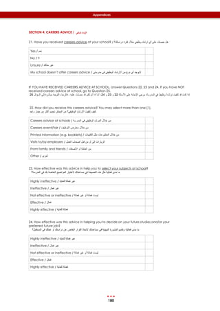 180
Appendices
SECTION 4: CAREERS ADVICE / ‫الوظيفي‬ ‫إرشاد‬‫ل‬‫ا‬
21. Have you received careers advice at your school? / ‫دراستك؟‬ ‫فترة‬ ‫خالل‬ ‫وظيفي‬ ‫إرشاد‬ ‫أي‬ ‫على‬ ‫حصلت‬ ‫هل‬
Yes / ‫نعم‬
No / ‫ال‬
Unsure / ‫متأكد‬ ‫غير‬
My school doesn’t offer careers advice / ‫مدرستي‬ ‫في‬ ‫الوظيفي‬ ‫اإلرشاد‬ ‫من‬ ‫نوع‬ ‫أي‬ ‫اليوجد‬
IF YOU HAVE RECEIVED CAREERS ADVICE AT SCHOOL, answer Questions 22, 23 and 24. If you have NOT
received careers advice at school, go to Question 25.
‫األسئلة‬ ‫على‬ ‫اإلجابة‬ ‫يرجى‬ ،‫المدرسة‬ ‫في‬ ً‫ا‬‫وظيفي‬ ً‫ا‬‫إرشاد‬ ‫تلقيت‬ ‫قد‬ ‫كنت‬ ‫إذا‬22‫و‬22‫و‬22‫السؤال‬ ‫إلى‬ ‫مباشرة‬ ‫التوجه‬ ‫فالرجاء‬ ، ‫عليه‬ ‫حصلت‬ ‫قد‬ ‫تكن‬ ‫لم‬ ‫اذا‬ ‫أما‬ ،22
22. How did you receive this careers advice? You may select more than one (1).
‫واحد‬ ‫خيار‬ ‫من‬ ‫أكثر‬ ‫تحديد‬ ‫الممكن‬ ‫من‬ ‫الوظيفي؟‬ ‫اإلرشاد‬ ‫تلقيت‬ ‫كيف‬
Careers advisor at schools / ‫المدرسة‬ ‫في‬ ‫الوظيفي‬ ‫المرشد‬ ‫خالل‬ ‫من‬
Careers event/fair / ‫التوظيف‬ ‫معارض‬ ‫خالل‬ ‫من‬
Printed information (e.g. booklets) / ‫الكتيبات‬ ‫مثل‬ ‫المطبوعات‬ ‫خالل‬ ‫من‬
Visits to/by employers / ‫العمل‬ ‫أصحاب‬ ‫قبل‬ ‫من‬ ‫أو‬ ‫إلى‬ ‫الزيارات‬
From family and friends / ‫األصدقاء‬ ‫أو‬ ‫العائلة‬ ‫من‬
Other / ‫أخرى‬
23. How effective was this advice in help you to select your subjects at school?
‫المدرسة؟‬ ‫في‬ ‫بك‬ ‫الخاصة‬ ‫المواضيع‬ ‫الختيار‬ ‫مساعدتك‬ ‫في‬ ‫النصيحة‬ ‫هذه‬ ‫مثل‬ ‫فعالية‬ ‫مدى‬ ‫ما‬
Highly ineffective / ‫للغاية‬ ‫فعالة‬ ‫غير‬
Ineffective / ‫فعال‬ ‫غير‬
Not effective or ineffective / ‫فعالة‬ ‫غير‬ ‫أو‬ ‫فعالة‬ ‫ليست‬
Effective / ‫فعال‬
Highly effective / ‫للغاية‬ ‫فعالة‬
24. How effective was this advice in helping you to decide on your future studies and/or your
preferred future job?
‫فعالية‬ ‫مدى‬ ‫ما‬‫المستقبل؟‬ ‫في‬ ‫عملك‬ ‫أو‬ ‫دراستك‬ ‫عن‬ ‫الخاص‬ ‫القرار‬ ‫التخاذ‬ ‫مساعدتك‬ ‫في‬ ‫المهنية‬ ‫المشورة‬ ‫وتقديم‬
Highly ineffective / ‫للغاية‬ ‫فعالة‬ ‫غير‬
Ineffective / ‫فعال‬ ‫غير‬
Not effective or ineffective / ‫فعالة‬ ‫غير‬ ‫أو‬ ‫فعالة‬ ‫ليست‬
Effective / ‫فعال‬
Highly effective / ‫فعالة‬‫للغاية‬
 