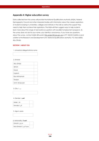184
Appendices
Appendix 4: Higher education survey
Data collected from this survey will provide the National Qualifications Authority (NQA), Federal
Demographic Council and other interested bodies with information about the careers aspirations
of students studying in universities, colleges and institutes in the UAE as well as the support they
need to help them achieve their aspirations. The NQA will then suggest ways to help students
learn more about the range of real-world occupations with excellent employment prospects. As
the survey does not ask for your name, your identity is anonymous. If you have any questions
about the survey, contact Malik Althuwaini (fdc.project@nqa.gov.ae or 971 (0)2 815 6633) or send
a letter to the Research and Development Unit, National Qualifications Authority, P.O. Box 63003,
Abu Dhabi.
SECTION 1: ABOUT YOU
1. University/college/institute name
2. Emirate
Abu Dhabi
Ajman
Dubai
Fujairah
Ras Al Khaimah
Sharjah
Umm Al Quwain
3. City / ‫املدينة‬
4. Gender / ‫الجنس‬
Male / ‫ذكر‬
Female / ‫أنثى‬
5. Age in years
6. Nationality / ‫الجنسية‬
Emirati / ‫إماراتي‬
Non-Emirati / ‫أخرى‬ ‫جنسية‬
 