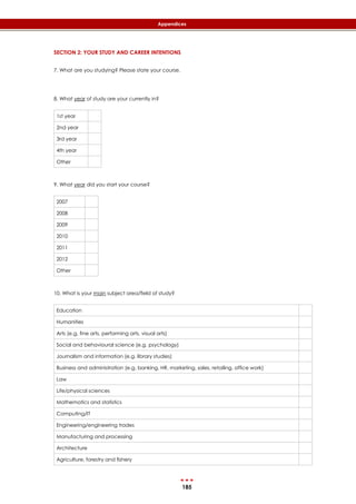 185
Appendices
SECTION 2: YOUR STUDY AND CAREER INTENTIONS
7. What are you studying? Please state your course.
8. What year of study are your currently in?
1st year
2nd year
3rd year
4th year
Other
9. What year did you start your course?
2007
2008
2009
2010
2011
2012
Other
10. What is your main subject area/field of study?
Education
Humanities
Arts (e.g. fine arts, performing arts, visual arts)
Social and behavioural science (e.g. psychology)
Journalism and information (e.g. library studies)
Business and administration (e.g. banking, HR, marketing, sales, retailing, office work)
Law
Life/physical sciences
Mathematics and statistics
Computing/IT
Engineering/engineering trades
Manufacturing and processing
Architecture
Agriculture, forestry and fishery
 