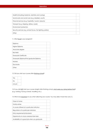 186
Appendices
Health (including medicine, dentistry and nursing)
Social work and social care (e.g. disabled, youth)
Personal services (e.g. hospitality, tourism, beauty)
Transport (e.g. shipping, airlines, roads)
Environment protection
Security services (e.g. armed forces, fire fighting, police)
Other
11. What level is your program?
Diploma
Higher Diploma
Associate degree
Bachelor
Graduate Certificate
Graduate Diploma/Post-graduate Diploma
Masters
Doctorate
Other
12. Did you start your course after finishing school?
Yes
No
Unsure
13. If you did NOT start your course straight after finishing school, what were you doing before that?
(e.g. working, having a break, travelling, etc.)
14. What was important to you when selecting your course. You may select more than one (1).
Close to home
Family wishes
A course offered at a particular institution
Reputation of a particular institution
Entry requirements/standards
Opportunity to study overseas later later
Availability of a good job when you graduate
 