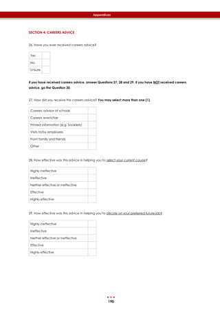 190
Appendices
SECTION 4: CAREERS ADVICE
26. Have you ever received careers advice?
Yes
No
Unsure
If you have received careers advice, answer Questions 27, 28 and 29. If you have NOT received careers
advice, go the Question 30.
27. How did you receive this careers advice? You may select more than one (1).
Careers advisor at schools
Careers event/fair
Printed information (e.g. booklets)
Visits to/by employers
From family and friends
Other
28. How effective was this advice in helping you to select your current course?
Highly ineffective
Ineffective
Neither effective or ineffective
Effective
Highly effective
29. How effective was this advice in helping you to decide on your preferred future job?
Highly ineffective
Ineffective
Neither effective or ineffective
Effective
Highly effective
 