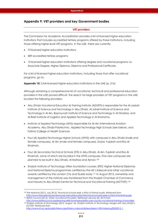 211
Appendices
Appendix 9: VET providers and key Government bodies
VET providers
The Commission for Academic Accreditation provides a list of licensed higher education
institutions that includes accredited tertiary programs offered by these institutions, including
those offering higher level VET programs. In the UAE, there are currently:
 73 licensed higher education institutions
 589 accredited tertiary programs
 10 licensed higher education institutions offering degree and vocational programs i.e.
Associate Degree, Higher Diploma, Diploma and Professional Certificate.
For a list of licensed higher education institutions, including those that offer vocational
programs, go to:
Appendix 10: CAA-licensed higher education institutions in the UAE (p. 216)
Although obtaining a comprehensive list of vocational, technical and professional education
providers in the UAE proved difficult, the search for large providers of VET programs in the UAE
located the following providers:
 Abu Dhabi Vocational Education & Training Institute (ADVETI) is responsible for the Al Jazirah
Institute of Science and Technology in Abu Dhabi, Al Jaheli Institute of Science and
Technology in Al Ain, Baynounah Institute of Science and Technology in Al Gharbia, and
Al Reef Institute of Logistics and Applied Technology in Al Shahama.
 Institute of Applied Technology (IAT)is responsible for Al Ain International Aviation
Academy, Abu Dhabi Polytechnic, Applied Technology High Schools (see below), and
Fatima College of Health Sciences
 Four (4) Applied Technology Higher Schools (ATHS) with campuses in Abu Dhabi (male and
female campuses), Al Ain (male and female campuses), Dubai, Fujairah and Ras Al
Khaimah.
 Four (4) Secondary Technical Schools (STS) in Abu Dhabi, Al Ain, Fujairah and Ras Al
Khaimah, some of which are located in the ATHS campuses. Five new campuses are
planned to be built in Abu Dhabi, Al Mafraa and Ajman.100
 Sharjah Institute of Technology offers foundation courses, BTEC Higher National Diplomas
and National Diploma programmes certified by the UK’s Edexcel and other vocational
awards certified by the London City and Guilds body.101 In August 2012, ownership and
management of the institute was transferred from the Sharjah Chamber of Commerce
and Industry to Abu Dhabi Centre for Technical and Vocational Training (ACTVET).102
100 The National (2012, July 2012). Technical schools seek a third of Emirati pupils. Retrieved from
http://www.thenational.ae/news/uae-news/education/technical-schools-seek-a-third-of-emirati-pupils
101 British Council (2013). Other Vocational Providers. Retrieved January 30, 2013 from
http://www.britishcouncil.org/learning-skills-for-employability-uae-country-vocational-training-vt-providers
102 Sharjah Institute of Technology (2012, August 16). Sharjah Institute of Technology merges with Abu Dhabi’s
ACTVET. Retrieved from
http://www.sit.ac.ae/english/News.aspx?Menu=aboutsit&NewsSelect=981IndexAug%202012_1
 