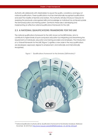 23
Chapter 2: Project background
Authority will collaborate with stakeholders to assure the quality, consistency and rigour of
national qualifications. These qualifications must be internationally recognised qualifications
and assist the mobility of learners and workers. The Authority will also introduce measures for
assessing the previously unrecognised skills and knowledge an individual has achieved outside
the formal education and training system. Central to these roles is developing and
implementing an effective national qualifications framework for the UAE.
2.3 A NATIONAL QUALIFICATIONS FRAMEWORK FOR THE UAE
The national qualifications framework for the UAE, known as the QFEmirates, aims to
contribute to higher levels of post-compulsory education by integrating and streamlining the
requirements of individuals, education and training providers and employers. The introduction
of a 10-level framework for the UAE (‎Figure 1) signifies a new order in the way qualifications
are developed, approved, aligned to employment, and nationally and internationally
recognised.
Figure 1 Qualifications Framework for the Emirates (QFEmirates)10
10 National Qualifications Authority (2012). Qualifications Framework for the Emirates Handbook. Retrieved
November 20, 2012 from http://www.nqa.gov.ae/pdf/QF%20Handbook_v1b_28_Feb_2012.pdf
 