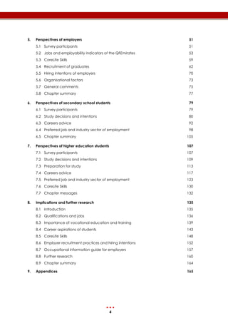 4
5. Perspectives of employers 51
5.1 Survey participants 51
5.2 Jobs and employability indicators of the QFEmirates 53
5.3 CoreLife Skills 59
5.4 Recruitment of graduates 62
5.5 Hiring intentions of employers 70
5.6 Organisational factors 73
5.7 General comments 75
5.8 Chapter summary 77
6. Perspectives of secondary school students 79
6.1 Survey participants 79
6.2 Study decisions and intentions 80
6.3 Careers advice 92
6.4 Preferred job and industry sector of employment 98
6.5 Chapter summary 105
7. Perspectives of higher education students 107
7.1 Survey participants 107
7.2 Study decisions and intentions 109
7.3 Preparation for study 113
7.4 Careers advice 117
7.5 Preferred job and industry sector of employment 123
7.6 CoreLife Skills 130
7.7 Chapter messages 132
8. Implications and further research 135
8.1 Introduction 135
8.2 Qualifications and jobs 136
8.3 Importance of vocational education and training 139
8.4 Career aspirations of students 143
8.5 CoreLife Skills 148
8.6 Employer recruitment practices and hiring intentions 152
8.7 Occupational information guide for employers 157
8.8 Further research 160
8.9 Chapter summary 164
9. Appendices 165
 