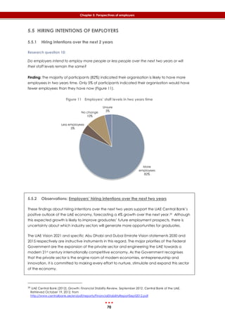 70
Chapter 5: Perspectives of employers
5.5 HIRING INTENTIONS OF EMPLOYERS
5.5.1 Hiring intentions over the next 2 years
Research question 10:
Do employers intend to employ more people or less people over the next two years or will
their staff levels remain the same?
Finding: The majority of participants (82%) indicated their organisation is likely to have more
employees in two years time. Only 5% of participants indicated their organisation would have
fewer employees than they have now (‎Figure 11).
Figure 11 Employers’ staff levels in two years time
5.5.2 Observations: Employers’ hiring intentions over the next two years
These findings about hiring intentions over the next two years support the UAE Central Bank’s
positive outlook of the UAE economy, forecasting a 4% growth over the next year.39 Although
this expected growth is likely to improve graduates’ future employment prospects, there is
uncertainty about which industry sectors will generate more opportunities for graduates.
The UAE Vision 2021 and specific Abu Dhabi and Dubai Emirate Vision statements 2030 and
2015 respectively are instructive instruments in this regard. The major priorities of the Federal
Government are the expansion of the private sector and engineering the UAE towards a
modern 21st century internationally competitive economy. As the Government recognises
that the private sector is the engine room of modern economies, entrepreneurship and
innovation, it is committed to making every effort to nurture, stimulate and expand this sector
of the economy.
39 UAE Central Bank (2012). Growth: Financial Stability Review, September 2012. Central Bank of the UAE.
Retrieved October 19, 2012, from
http://www.centralbank.ae/en/pdf/reports/FinancialStabilityReportSept2012.pdf
More
employees
82%
Less employees
5%
No change
10%
Unsure
3%
 