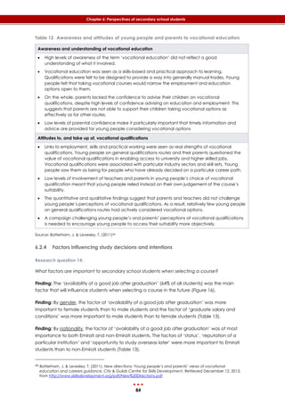 84
Chapter 6: Perspectives of secondary school students
Table 12 Awareness and attitudes of young people and parents to vocational education
Awareness and understanding of vocational education
 High levels of awareness of the term ‘vocational education’ did not reflect a good
understanding of what it involved.
 Vocational education was seen as a skills-based and practical approach to learning.
Qualifications were felt to be designed to provide a way into generally manual trades. Young
people felt that taking vocational courses would narrow the employment and education
options open to them.
 On the whole, parents lacked the confidence to advise their children on vocational
qualifications, despite high levels of confidence advising on education and employment. This
suggests that parents are not able to support their children taking vocational options as
effectively as for other routes.
 Low levels of parental confidence make it particularly important that timely information and
advice are provided for young people considering vocational options
Attitudes to, and take up of, vocational qualifications
 Links to employment, skills and practical working were seen as real strengths of vocational
qualifications. Young people on general qualifications routes and their parents questioned the
value of vocational qualifications in enabling access to university and higher skilled jobs.
Vocational qualifications were associated with particular industry sectors and skill sets. Young
people saw them as being for people who have already decided on a particular career path.
 Low levels of involvement of teachers and parents in young people’s choice of vocational
qualification meant that young people relied instead on their own judgement of the course’s
suitability.
 The quantitative and qualitative findings suggest that parents and teachers did not challenge
young people’s perceptions of vocational qualifications. As a result, relatively few young people
on general qualifications routes had actively considered vocational options.
 A campaign challenging young people’s and parents’ perceptions of vocational qualifications
is needed to encourage young people to access their suitability more objectively.
Source: Batterham, J. & Levesley, T. (2011)44
6.2.4 Factors influencing study decisions and intentions
Research question 14:
What factors are important to secondary school students when selecting a course?
Finding: The ‘availability of a good job after graduation’ (64% of all students) was the main
factor that will influence students when selecting a course in the future (‎Figure 16).
Finding: By gender, the factor of ‘availability of a good job after graduation’ was more
important to female students than to male students and the factor of ‘graduate salary and
conditions’ was more important to male students than to female students (‎Table 13).
Finding: By nationality, the factor of ‘availability of a good job after graduation’ was of most
importance to both Emirati and non-Emirati students. The factors of ‘status’, ‘reputation of a
particular institution’ and ‘opportunity to study overseas later’ were more important to Emirati
students than to non-Emirati students (‎Table 13).
44 Batterham, J. & Levesley, T. (2011). New directions: Young people’s and parents’ views of vocational
education and careers guidance, City & Guilds Centre for Skills Development, Retrieved December 12, 2013,
from http://www.skillsdevelopment.org/pdf/New%20Directions.pdf
 