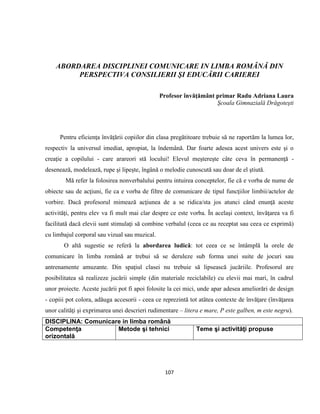107
ABORDAREA DISCIPLINEI COMUNICARE IN LIMBA ROMÂNĂ DIN
PERSPECTIVA CONSILIERII ŞI EDUCĂRII CARIEREI
Profesor învăţământ primar Radu Adriana Laura
Şcoala Gimnazială Drăgoteşti
Pentru eficienţa învăţării copiilor din clasa pregătitoare trebuie să ne raportăm la lumea lor,
respectiv la universul imediat, apropiat, la îndemână. Dar foarte adesea acest univers este şi o
creaţie a copilului - care arareori stă locului! Elevul meştereşte câte ceva în permanenţă -
desenează, modelează, rupe şi lipeşte, îngână o melodie cunoscută sau doar de el ştiută.
Mă refer la folosirea nonverbalului pentru intuirea conceptelor, fie că e vorba de nume de
obiecte sau de acţiuni, fie ca e vorba de filtre de comunicare de tipul funcţiilor limbii/actelor de
vorbire. Dacă profesorul mimează acţiunea de a se ridica/sta jos atunci când enunţă aceste
activităţi, pentru elev va fi mult mai clar despre ce este vorba. În acelaşi context, învăţarea va fi
facilitată dacă elevii sunt stimulaţi să combine verbalul (ceea ce au receptat sau ceea ce exprimă)
cu limbajul corporal sau vizual sau muzical.
O altă sugestie se referă la abordarea ludică: tot ceea ce se întâmplă la orele de
comunicare în limba română ar trebui să se deruleze sub forma unei suite de jocuri sau
antrenamente amuzante. Din spaţiul clasei nu trebuie să lipsească jucăriile. Profesorul are
posibilitatea să realizeze jucării simple (din materiale reciclabile) cu elevii mai mari, în cadrul
unor proiecte. Aceste jucării pot fi apoi folosite la cei mici, unde apar adesea ameliorări de design
- copiii pot colora, adăuga accesorii - ceea ce reprezintă tot atâtea contexte de învăţare (învăţarea
unor calităţi şi exprimarea unei descrieri rudimentare – litera e mare, P este galben, m este negru).
DISCIPLINA: Comunicare in limba română
Competenţa
orizontală
Metode şi tehnici Teme şi activităţi propuse
 