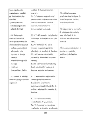 188
tehnologică pentru
execuţia unei instalaţii
de iluminat (interior,
exterior).
- plan de execuţie
- listă de echipamente
- schemă electrică.
5.1.6. Tehnologia
realizării/verificării
instalaţiilor electrice de
iluminat interior/exterior.
- analiza documentaţiei
tehnologice prin
raportare la situaţia
concretă
- etapele tehnologiei de
execuţie
- verificări
(intermediare, finale).
5.1.7. Norme de protecţia
mediului şi de gestionare a
deşeurilor.
instalaţii de iluminat (interior,
exterior).
5.2.7. Evaluarea materialelor şi
aparatelor necesare realizării unei
instalaţii de iluminat (interior,
exterior) prin raportare la
documentaţia tehnologică.
5.2.8. Verificarea adecvării planului
de execuţie la situaţia concretă (din
teren).
5.2.9. Selectarea SDV-urilor
necesare executării operaţiilor
tehnologice în instalaţii de iluminat.
5.2.10. Executarea instalaţiilor
electrice de iluminat (exterior sau
interior).
5.2.11. Verificarea intermediară şi
finală a instalaţiilor electrice de
iluminat (exterior sau interior).
5.2.12. Gestionarea deşeurilor în
vederea protecţiei mediului.
Recuperarea şi refolosirea
materialelor în cadrul lucrărilor de
realizare a instalaţiilor electrice de
iluminat.
5.2.13. Utilizarea corectă a
vocabularului de specialitate.
5.2.14. Comunicarea/raportarea
rezultatelor activităţilor desfăşurate.
5.3.6. Colaborarea cu
membrii echipei de lucru, în
scopul asigurării calităţii
lucrărilor realizate.
5.3.7. Respectarea normelor
de sănătatea şi securitatea
muncii la lucrările de
realizare a instalaţiilor de
iluminat.
5.3.8. Asumarea iniţiativei în
rezolvarea creativă a
problemelor la locul de
muncă.
 