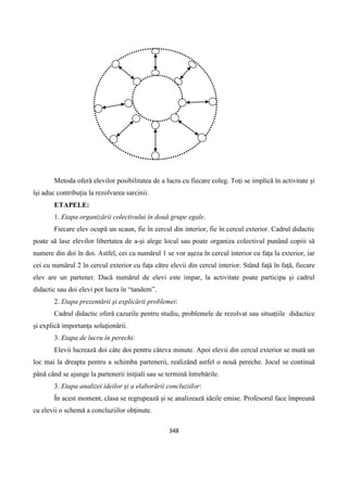 348
Metoda oferă elevilor posibilitatea de a lucra cu fiecare coleg. Toţi se implică în activitate şi
îşi aduc contribuţia la rezolvarea sarcinii.
ETAPELE:
1. Etapa organizării colectivului în două grupe egale.
Fiecare elev ocupă un scaun, fie în cercul din interior, fie în cercul exterior. Cadrul didactic
poate să lase elevilor libertatea de a-şi alege locul sau poate organiza colectivul punând copiii să
numere din doi în doi. Astfel, cei cu numărul 1 se vor aşeza în cercul interior cu faţa la exterior, iar
cei cu numărul 2 în cercul exterior cu faţa către elevii din cercul interior. Stând faţă în faţă, fiecare
elev are un partener. Dacă numărul de elevi este impar, la activitate poate participa şi cadrul
didactic sau doi elevi pot lucra în “tandem”.
2. Etapa prezentării şi explicării problemei:
Cadrul didactic oferă cazurile pentru studiu, problemele de rezolvat sau situaţiile didactice
şi explică importanţa soluţionării.
3. Etapa de lucru în perechi:
Elevii lucrează doi câte doi pentru câteva minute. Apoi elevii din cercul exterior se mută un
loc mai la dreapta pentru a schimba partenerii, realizănd astfel o nouă pereche. Jocul se continuă
până când se ajunge la partenerii iniţiali sau se termină întrebările.
3. Etapa analizei ideilor şi a elaborării concluziilor:
În acest moment, clasa se regrupează şi se analizează ideile emise. Profesorul face împreună
cu elevii o schemă a concluziilor obţinute.
 