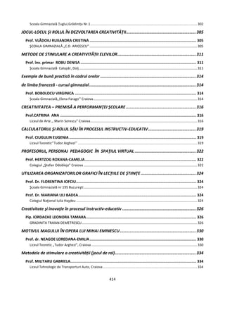 414
Scoala Gimnazială Țuglui,Grădinița Nr.1................................................................................................................302
JOCUL-LOCUL ŞI ROLUL ÎN DEZVOLTAREA CREATIVITĂŢII.........................................................305
Prof. VLĂDOIU RUXANDRA CRISTINA .............................................................................................. 305
ŞCOALA GIMNAZIALĂ „C.D. ARICESCU” .................................................................................................................305
METODE DE STIMULARE A CREATIVITĂȚII ELEVILOR................................................................311
Prof. înv. primar ROBU DENISA ...................................................................................................... 311
Școala Gimnazială Calopăr, Dolj............................................................................................................................311
Exemple de bună practică în cadrul orelor ..............................................................................314
de limba franceză - cursul gimnazial.......................................................................................314
Prof. BOBOLOCU VIRGINICA ........................................................................................................... 314
Școala Gimnazială,,Elena Farago’’ Craiova.............................................................................................................314
CREATIVITATEA – PREMISĂ A PERFORMANŢEI ŞCOLARE .........................................................316
Prof.CATRINA ANA ........................................................................................................................ 316
Liceul de Arte ,, Marin Sorescu” Craiova..........................................................................................................