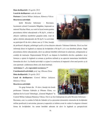 75
Data desfăşurării: 18 aprilie 2013
Locul de desfăşurare: sala de clasă
Partener: Centrul Militar Judeţean, Râmnicu Vâlcea
Descrierea activităţii:
Şeful Biroului Informare – Recrutare,
locotenent colonel Constantin Măgădan, împreună cu
maiorul Nicolae Olaru, au venit în liceul nostru pentru
prezentarea ofertei educaţionale a M.Ap.N., având ca
obiectiv stabilirea membrilor grupului ţintă, vizat să
aplice ofertele educaţionale ale M.Ap.N. La activitate
au participat 42 de elevi, dintre care şi 13 fete, însoţiţi
de profesorii diriginţi, psihologul şcolii şi d-na director educativ Trăistaru Gabriela. Elevii au fost
informaţi direct în legătură cu reţeaua de învăţământ a M.Ap.N. şi li s-au distribuit pliante. După
prezentarea ofertei educaţionale, elevii au adresat întrebări referitoare la salarizare, echipamente şi
condiţii de instrucţie. Reprezentanţii M.Ap.N. au răspuns la întrebările elevilor, ajutându-i să-şi
formeze o opinie în legătură cu armata şi profesia militară şi au apreciat maturitatea întrebărilor
formulate de elevi. La finalul activităţii s-a ajuns l-a concluzia că impactul a fost unul pozitiv şi că
este oportună colaborarea dintre cele două instituţii.
Activitatea 3 - ,,Ce reprezintă recrutarea ?”
Coordonatorii activităţii: prof. ing. Olteanu Elena
Data desfăşurării: 24 aprilie 2013
Locul de desfăşurare: Centrul Militar Judeţean,
Râmnicu Vâlcea
Descrierea activităţii:
Un grup format din 19 elevi, însoţiţi de d-nele
profesoare Trăistaru Gabriela şi Olteanu Elena, s-a
deplasat de la Liceul Tehnologic ,,General Magheru” la
Centrul Militar Judeţean Râmnicu Vâlcea. Elevii au fost întâmpinaţi de şeful Biroului Informare –
Recrutare, care i-a condus în Sala de Adunări şi le-a prezentat elementele sistemului de învăţământ
militar postliceal şi universitar, precum şi aspectele ce trebuie avute în vedere la alegerea viitoarei
forme de învăţământ. Au urmat întrebări adresate de elevi în legătură cu perspectivele
 