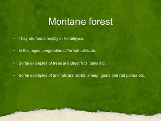 Montane forest
• They are found mostly in Himalayas.
• In this region, vegetation differ with altitude.
• Some examples of trees are chestnuts, oaks etc.
• Some examples of animals are rabbit, sheep, goats and red panda etc.
 