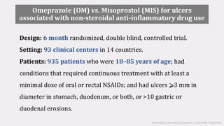 Design: 6 month randomized, double blind, controlled trial.
Setting: 93 clinical centers in 14 countries.
Patients: 935 patients who were 18–85 years of age; had
conditions that required continuous treatment with at least a
minimal dose of oral or rectal NSAIDs; and had ulcers ⩾3 mm in
diameter in stomach, duodenum, or both, or >10 gastric or
duodenal erosions.
Ref: Hawkey CJ, Karrasch JA, Szczepañski L, et al. (1998) . N Engl J Med
Omeprazole (OM) vs. Misoprostol (MIS) for ulcers
associated with non-steroidal anti-inflammatory drug use
 