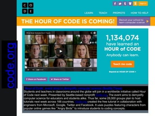 code.org
‘Hour of Code’ event aims to demystify computer science (Seattle Times)
Students and teachers in classrooms around the globe will join in a worldwide initiative called Hour
of Code next week. Presented by Seattle-based nonprofit Code.org, The event aims to demystify
computer science for educators and students alike. Thus far, some 28,000 groups plan to host
tutorials next week across 166 countries. Code.org created the free tutorial in collaboration with
engineers from Microsoft, Google, Twitter and Facebook. It uses puzzles featuring characters from
popular online games like “Angry Birds” to introduce students to coding concepts.
 