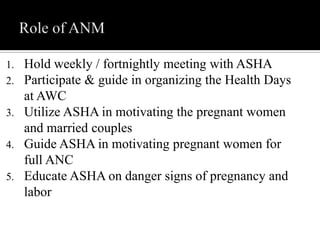 1. Hold weekly / fortnightly meeting with ASHA
2. Participate & guide in organizing the Health Days
at AWC
3. Utilize ASHA in motivating the pregnant women
and married couples
4. Guide ASHA in motivating pregnant women for
full ANC
5. Educate ASHA on danger signs of pregnancy and
labor
 