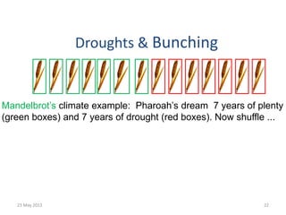 Droughts & Bunching
23 May 2012 22
Mandelbrot’s climate example: Pharoah’s dream 7 years of plenty
(green boxes) and 7 years of drought (red boxes). Now shuffle ...
 