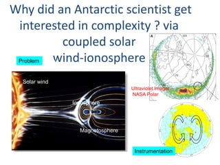 Why did an Antarctic scientist get
interested in complexity ? via
coupled solar
wind-ionosphereSolar wind
Magnetosphere
Ionosphere
Ultraviolet Imager –
NASA Polar
Instrumentation
Solar wind
Problem
 
