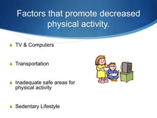 Factors that promote decreased
physical activity.
S TV & Computers
S Transportation
S Inadequate safe areas for
physical activity
S Sedentary Lifestyle
 