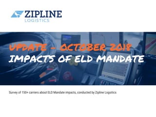 IMPACTS OF ELD MANDATE
60+ Years of Design + Innovation + Excellence
433 Fulton Street  New City New York City 10956a
Survey of 150+ carriers about ELD Mandate impacts, conducted by Zipline Logsitics
UPDATE - OCTOBER 2018
 