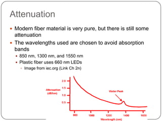 Attenuation
 Modern fiber material is very pure, but there is still some
  attenuation
 The wavelengths used are chosen to avoid absorption
  bands
   850 nm, 1300 nm, and 1550 nm
   Plastic fiber uses 660 nm LEDs
     Image from iec.org (Link Ch 2n)
 
