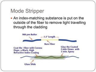 Mode Stripper
 An index-matching substance is put on the
 outside of the fiber to remove light travelling
 through the cladding
 