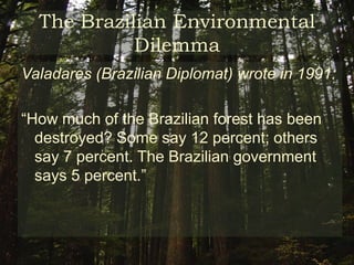 The Brazilian Environmental DilemmaMain Causes of Deforestation: Clearly (2000):	RanchingAgricultureTimber extractionUrban expansionBrazilian Scientists:Public politics (environmental and economic)Institutional (fragility)AgrotechnologySocio-economic (i.e.: population, income, food demand)All of the above are intersected and act synergistically in the deforestation of the Amazon