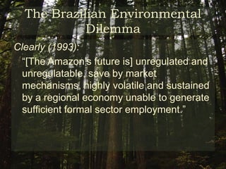 The Brazilian Environmental DilemmaBBC News on President da Silva:	“In a speech in Rio de Janeiro, President Lula said it was time for wealthy countries to do more to reduce gas emissions. 	He called on them to stop preaching on what to do with the Amazon rainforest.” 
