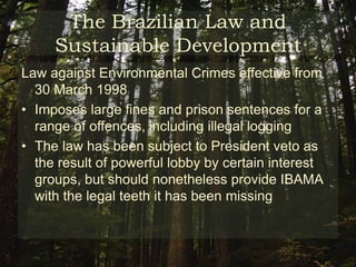 The Brazilian Law and Sustainable DevelopmentHall (1999) on IBAMA:“In the region overall, there are some 275 IBAMA officials, or one for every 5,984 square miles .”“New environment minister dismissed a number of state-level IBAMA officials due to their proven involvement in illegal sales of timber from areas under their jurisdiction”  