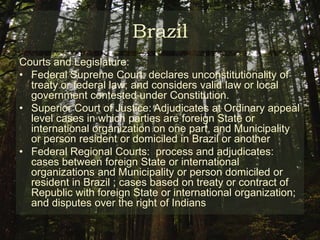 Ethnic Groups: Europeans, Asians, Africans, and Indigenous PeoplesBrazilGovernment and Legal System:Federative Republic formed by union of States, Municipalities and Federal District, under democratic governmentAll persons are equal before the lawThe Constitution outlines principles of social orderStates have their own Constitution based upon Federal Constitution 